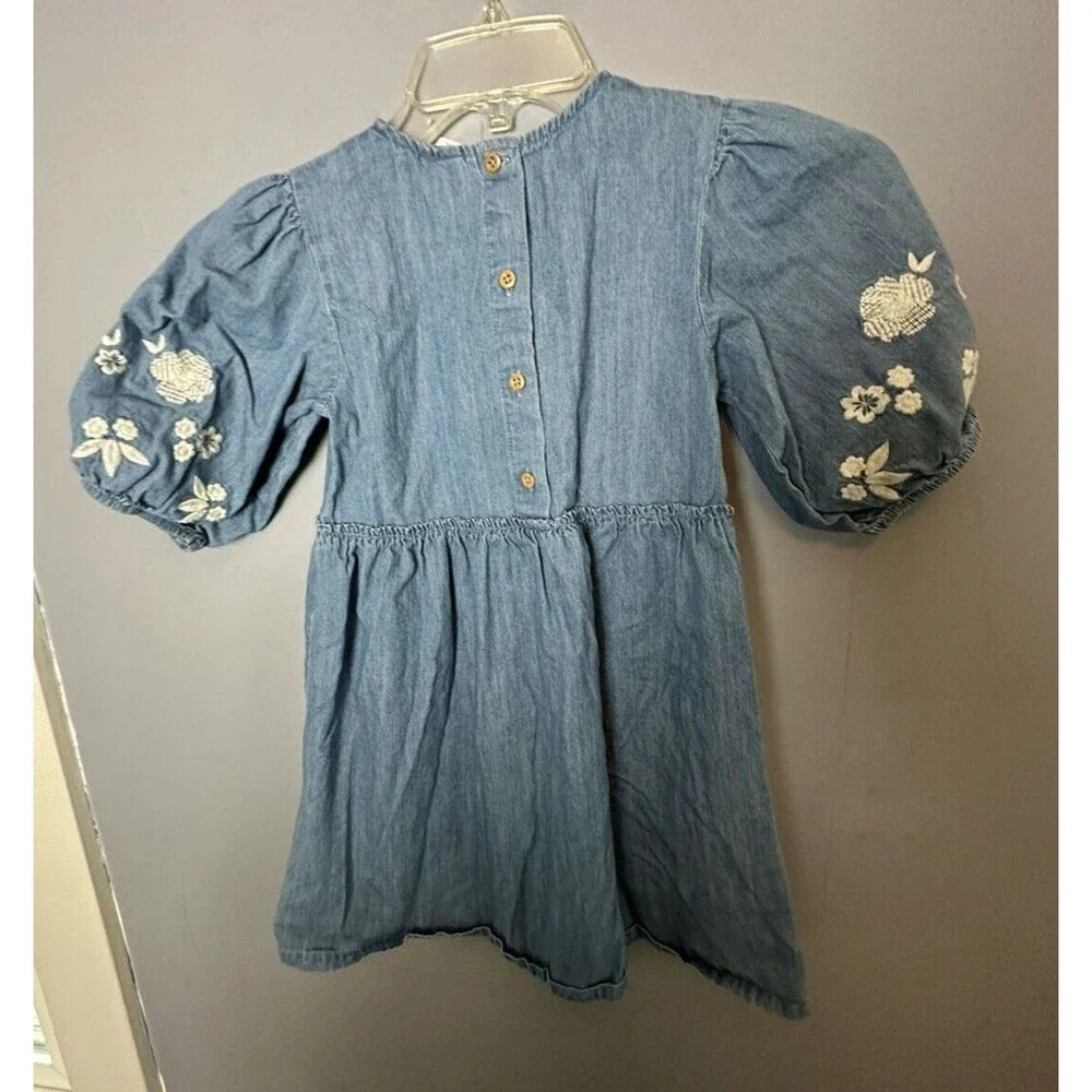 Wonder Nation Denim Chambray Girls Dress S 6-6X Embroidered Puff Boho Sleeves